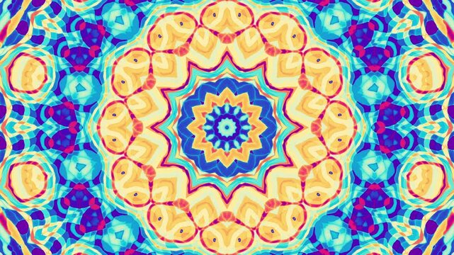 Abstract colorful mandala with symmetrical patterns in red, blue, and orange. Loop mandala