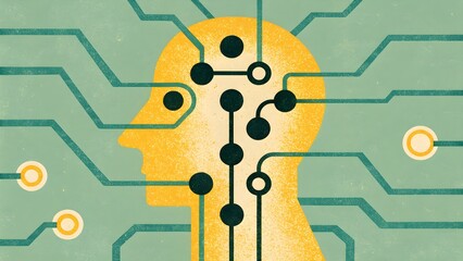 Human head with circuit lines symbolizes ai-human integration.