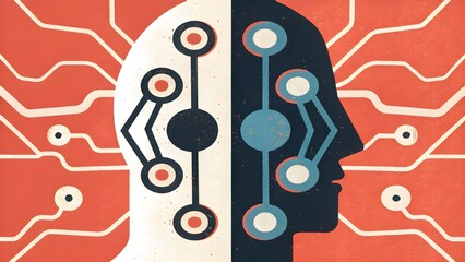Human and ai integration in business innovation, symbolized by a split human-ai head with circuit patterns.