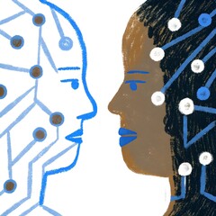 Two faces, one human and one ai, symbolize the integration of ai in healthcare.