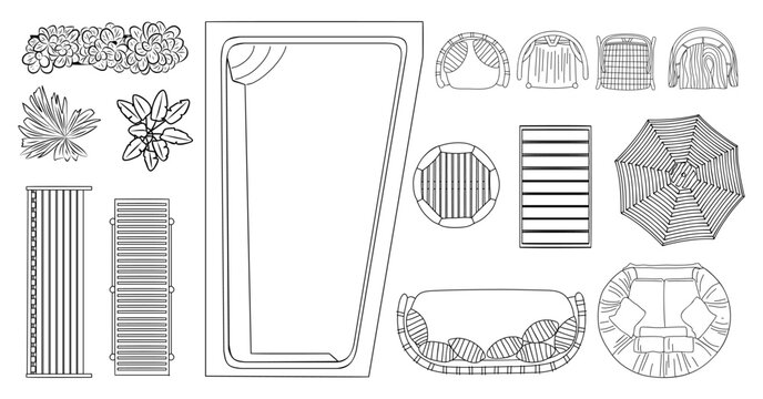 A drawing of a pool and patio with a variety of items including a chair, umbrella, and a bench. vector hand sketch style illustrations, landscape design icons isolated on transparent background