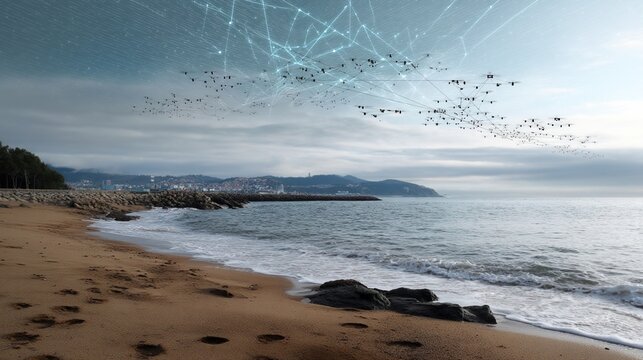 Dynamic scene depicting multiple small drones dispersing from a central point over a coastal area sampling air quality and temperature variations in realtime.