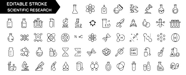 Editable stroke icon set illustrating scientific research and laboratory concepts, featuring clean black line symbols including lab equipment, DNA, molecules, and test tubes on a white background.