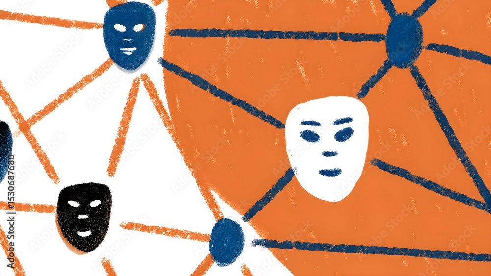 Poster network of ai agents symbolized by interconnected nodes and abstract faces.