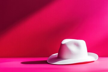 White hat on a vibrant pink backdrop.
