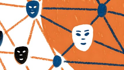 Network of ai agents symbolized by interconnected nodes and abstract faces.