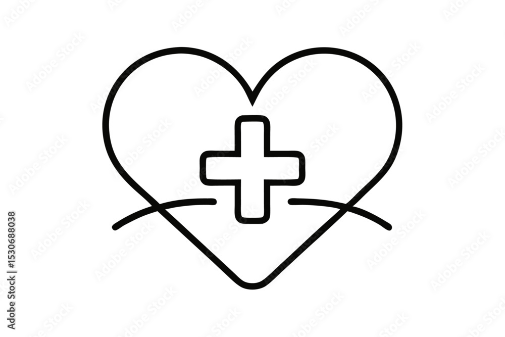 Poster continuous line drawing of a heart shape incorporating a plus sign isolated on transparent backgroun