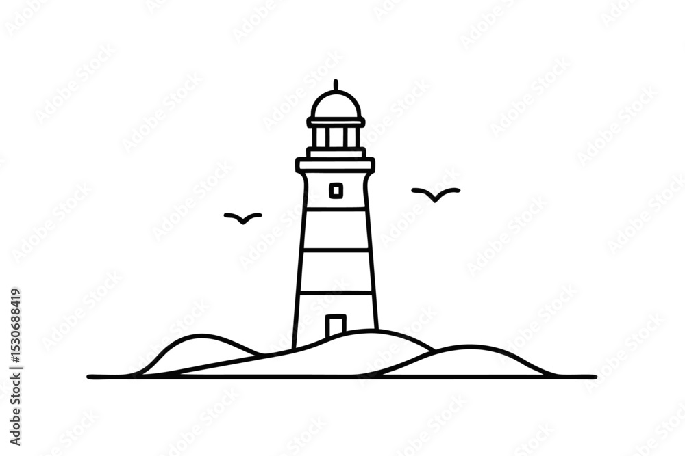 Poster single line lighthouse drawing continuous outline illustration isolated on transparent background