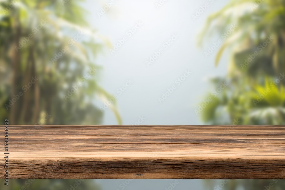 Poster wooden table set against a softly blurred tropical backdrop, perfect for showcasing products in a se