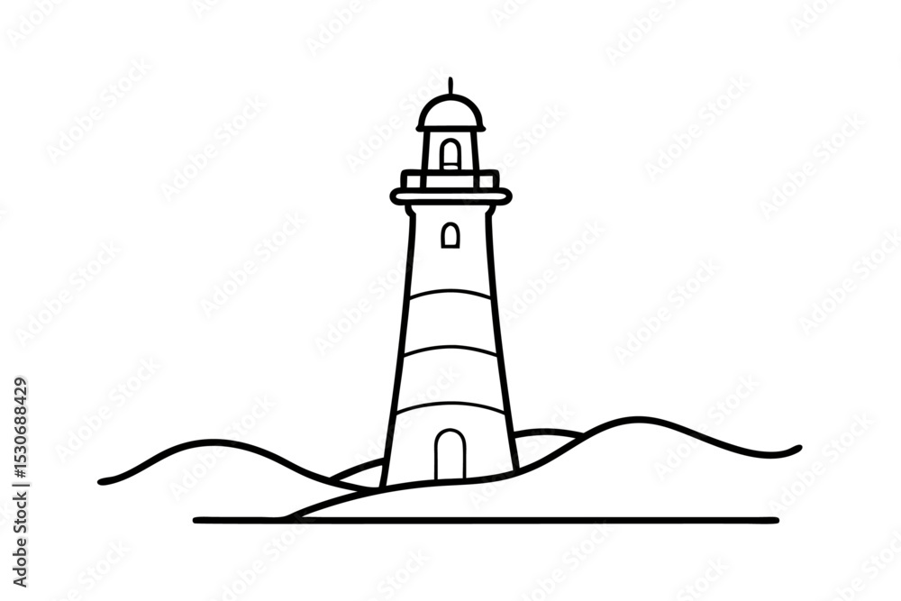 Poster lighthouse single line art continuous outline drawing isolated on transparent background
