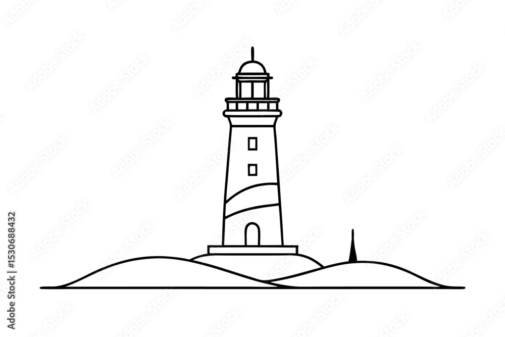 Poster single line lighthouse drawing continuous outline illustration isolated on transparent background