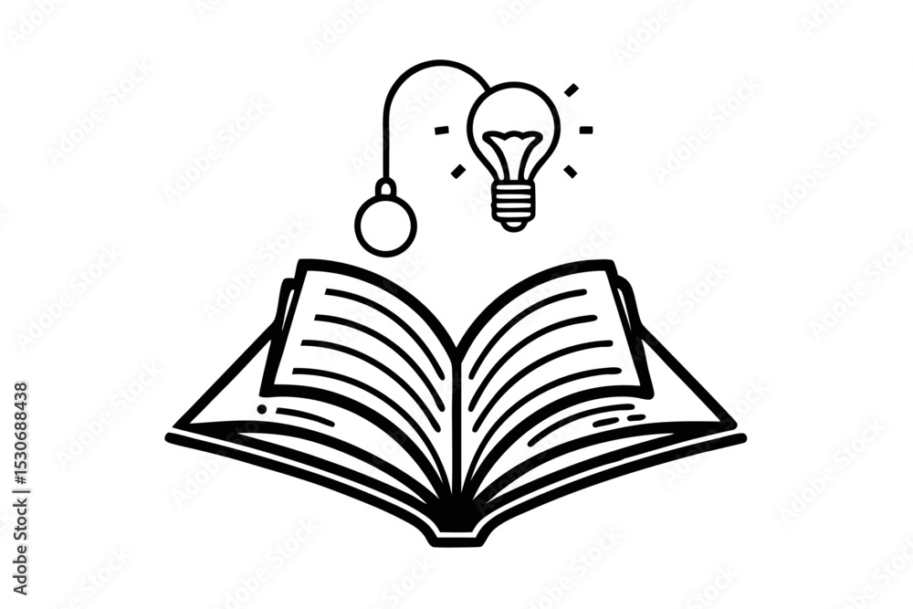 Poster continuous line art drawing of a light bulb above an open book isolated on transparent background