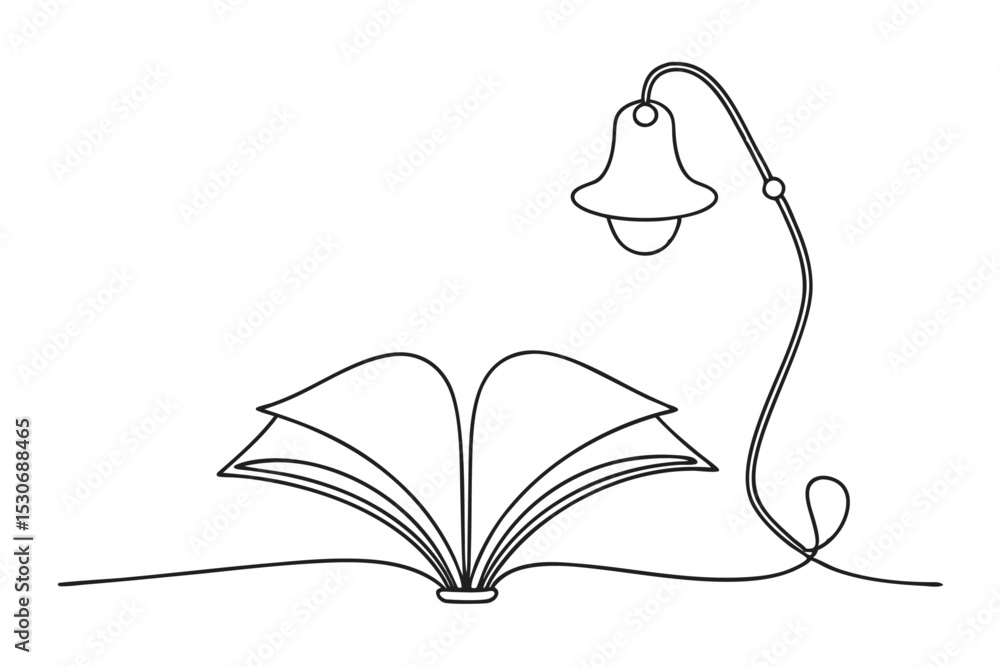 Poster continuous line art drawing of a light bulb illuminating a book isolated on transparent background