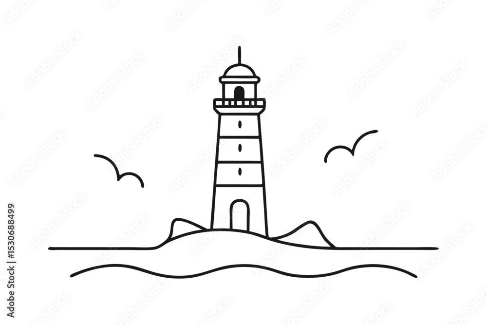 Poster single line lighthouse drawing continuous outline illustration isolated on transparent background