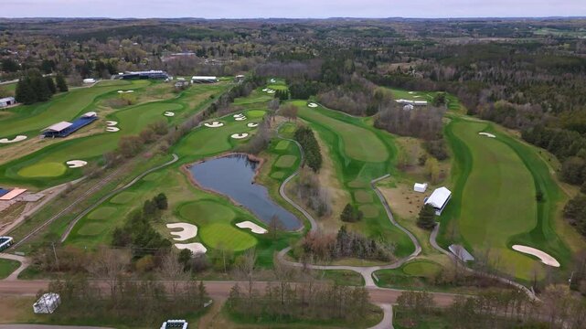 Golf course at TPC Toronto Osprey Valley in Caledon, wide drone view of lush fairways