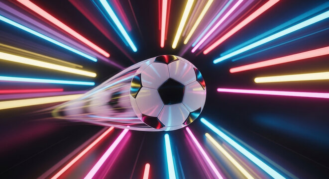 Soccer Ball Traveling Through Multicolored Neon Light Tunnel in Black Background