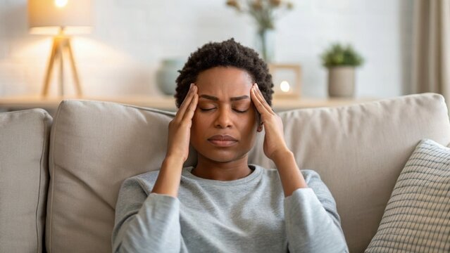 A woman sitting on a couch holds her head in distress, conveying a sense of headache or stress in a cozy living room setting.
