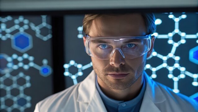 A focused scientist wearing protective eyewear stands before a backdrop of molecular structures, embodying innovation and research.