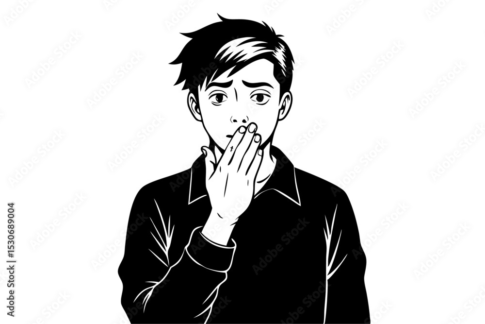 Poster single line drawing of a man requesting silence isolated on transparent background