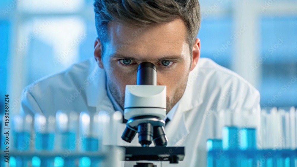 Poster scientist observing samples under a microscope in a laboratory setting, emphasizing research and dis