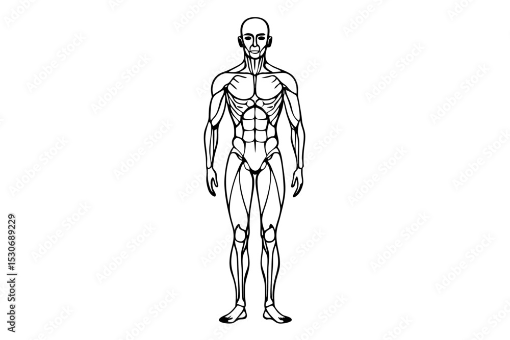 Poster human figure in anatomical pose continuous line drawing isolated on transparent background