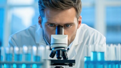 Fototapeta premium Scientist observing samples under a microscope in a laboratory setting, emphasizing research and discovery in a modern environment.