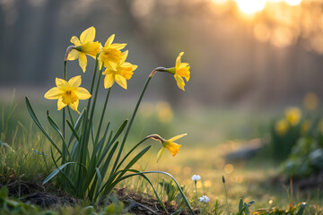 Obraz premium Vibrant yellow daffodils stand out vividly against a blurred natural background, embodying the fresh essence of springtime in a sunlit garden