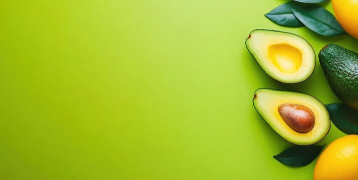 Fresh avocados and citrus fruits arranged on vibrant green background