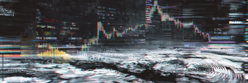 Poster scam cryptocurrency site interface displaying glitch effect with disrupted layout and data in focus
