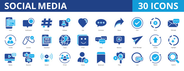 Obraz na płótnie Canvas Social media icon pack dual tone collection set with feed, notification, hashtag, follower, like, comment, share, post, story, message, profile, connect, news feed, trend, emoji, chat, mention, dm