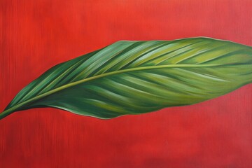 Obraz premium Vibrant green leaf on a rich crimson background.