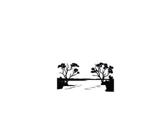 A wide river with silhouettes of trees on both banks on white background