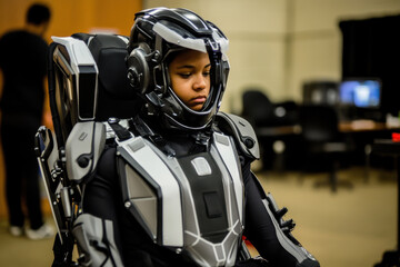 Futuristic Sci-Fi Suit with Young Woman in High-Tech Robotic Costume.