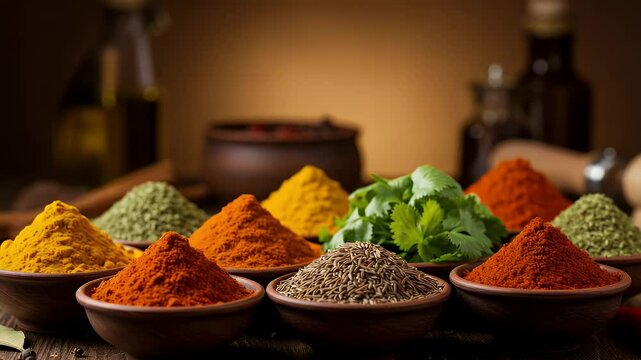 Array of colorful spices in wooden bowls on a table with a warm, inviting atmosphere