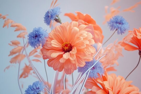 A vibrant bouquet of peach and periwinkle flowers.