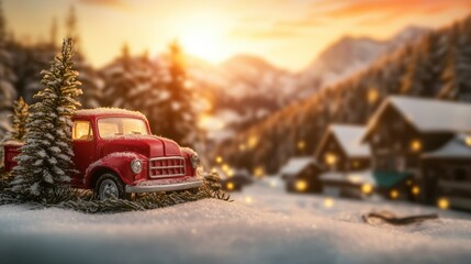 Charming red truck in winter landscape at sunset with snow-covered trees