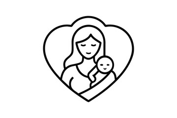 Simple line drawing of a mother holding a baby inside a heart isolated on transparent background