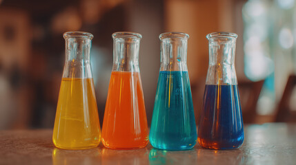Colorful Laboratory Flasks with Vibrant Liquids Displaying Scientific