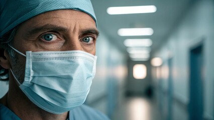 Medical professional in surgical mask and cap performing surgery in an operating room