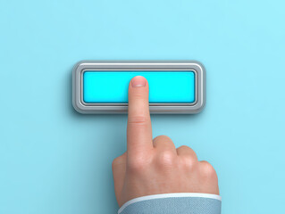 Hand Pressing Virtual Power Button Icon on Light Blue Background
