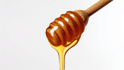 Golden honey dripping from wooden honey dipper on white background, creating a sweet and viscous stream