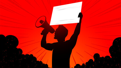 Silhouette of a man standing holding megaphone and blank poster paper vector illustration, copy space banner for protest, campaign or promotional media