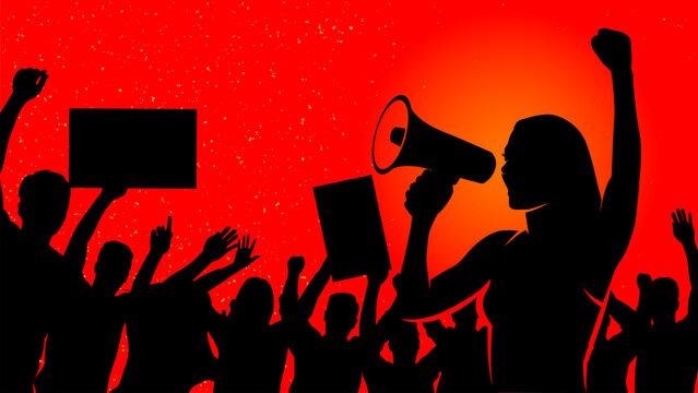 Silhouette of women protester standing leading a speech during a demonstration in the middle of a crowd of people vector illustration background