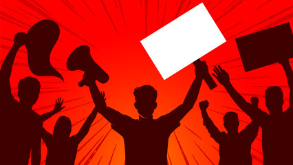 Protest and social movement illustration with raised blank poster for copy space and megaphones