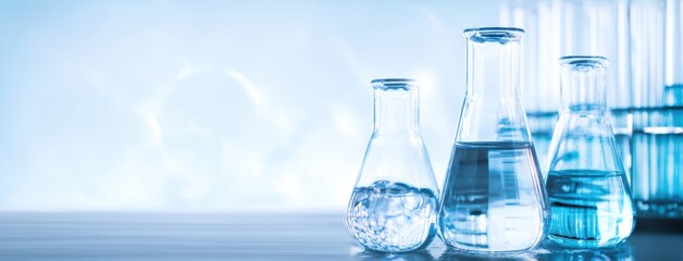 Laboratory glassware containing liquid is placed on table in a laboratory for scientific experiment