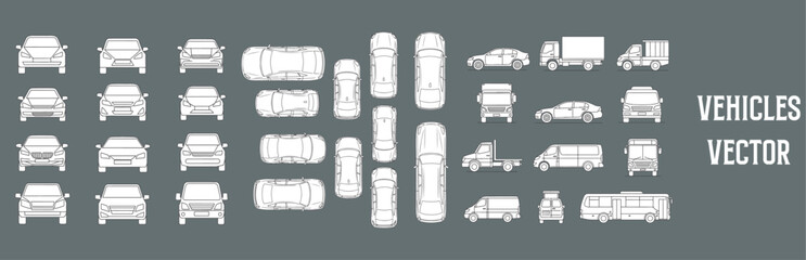 Vehicle elevation vector flat illustration collection ideal for architectural design