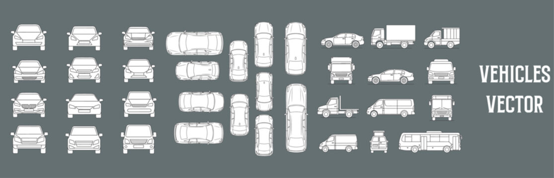 Vehicle elevation vector flat illustration collection ideal for architectural design