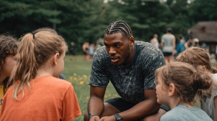 Closeup of a counselor leading a group of campers in a discussion about forgiveness, using reallife examples from the Bible to ilrate the importance of forgiving others.