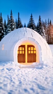 Igloo built from snow blocks with a wooden door glows from within during late winter afternoon