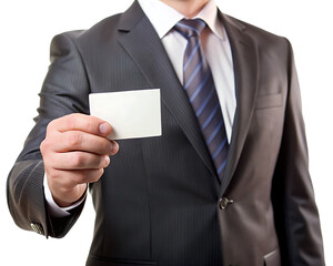 business man hand holding business card isolated on a white background, PNG, AI
